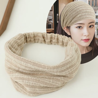 Biyun fashionable knitted headband stretch warm windproof forehead protector yoga confinement hairband crushing hair covering gray hair versatile hair bundle beige elastic (52-58cm)