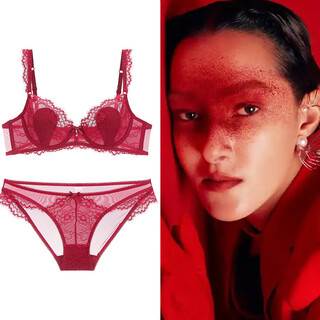 Victoria palace sexy ultra-thin bra lace push-up bra women's rabbit ears crystal cup big breast revealing small anti-bump set burgundy 80c 36 with l size underwear