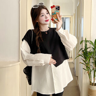 Ranqi mommy pregnant spring clothing set 2025 new autumn fake two-piece shirt fashion two-piece set western fashionable spring and autumn top black and white top single piece l