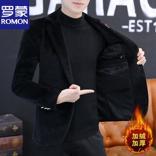 Luo meng's new autumn and winter waterproof mink suit men's slim fit plus velvet thickened woolen small suit british woolen jacket 9222 black m (105jin jin is equal to within 0.5 kg)