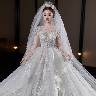 Red makeup wedding dress bride 2025 new heavy industry luxury retro high-end texture french long-sleeved main yarn welcome yarn light champagne color floor-length style l