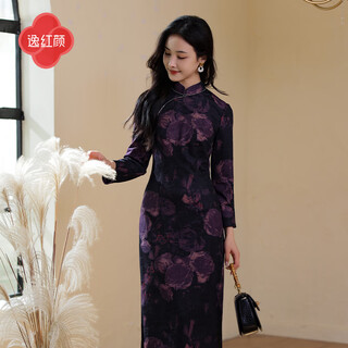 E.beauty rose rain 2025 spring new arrival knitted jacquard long sleeve cheongsam with low slits on both sides rose purple m