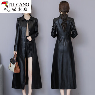 Woodpecker autumn and winter new haining leather coat women's mid-length over the knee korean style women's leather windbreaker slim slim jacket trendy black m recommended 85_95jin jin is equal to 0.5 kg