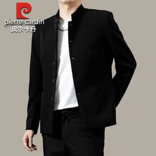 Pierre cardin handsome new chinese tunic jacket men's spring and autumn 2024 new casual stand-up collar suit jacket knitted black l 110-125jin jin equals 0.5 kg