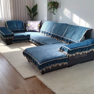 Universal all-season, fully non-slip u-shaped sofa cushion, full set, left and right, universal sofa cushion, backrest towel, dutch velvet, blue, nine-piece set, complete set
