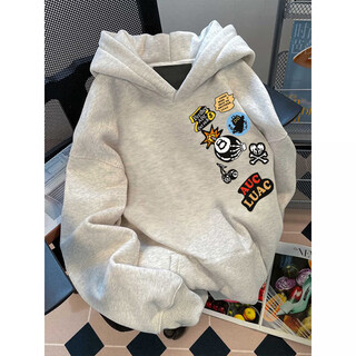 Cantu american trendy brand printed heavyweight hoodie sweatshirt men's autumn and winter velvet trendy couple jacket casual tops white gray regular style l