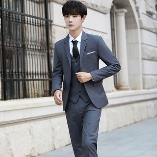 Fanqi 18-year-old teenager high school student adult dress suit suit men's three-piece slim business suit gray single button (suit + shirt + trousers) tie l (101-115jin jin equals 0.5 kg)