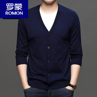 Romon wool cardigan men's long-sleeved sweater jacket spring and summer open sweater v-neck solid color men's outer wear navy 175/l suitable for 140-160jin jin equals 0.5 kg to wear