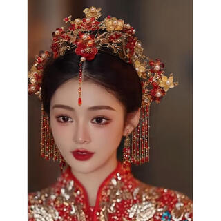 Dai shilin dsl xiuhe clothing headdress chinese style bridal phoenix crown 2024 new red bow glazed hair crown ancient style wedding hair accessories c main crown + back area + hairpin + earrings gift box