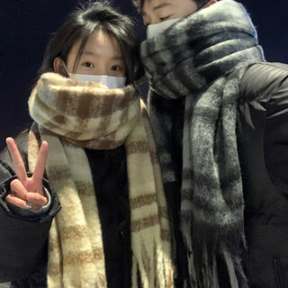 Bo na ling scarf women's winter new korean retro plaid couple shawl thickened warm scarf as a gift for boyfriend couple scarf black gray