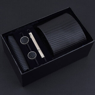 乐卡利 男士领带 男正装商务上班职场套装新郎伴郎百搭撞色条纹领夹 五件套装【黑色】