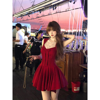 Yezhi big-skirt princess dress with bow and golden touch, sleeveless and waist-cinching red dress. hot girl bow-knot suspender dress red l