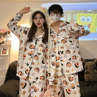 Shengshu ins japanese style crayon shin-chan spring and autumn pajamas for one man and one woman long-sleeved trousers cotton home clothes couple set white crayon shin-chan long sleeves + trousers women's m size 80-100 jin jin equals 0.5 kg wear