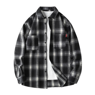 Dingfengbaoluo japanese artistic plaid shirt men's casual long-sleeved jacket layered top simple and versatile dfc03 black xl