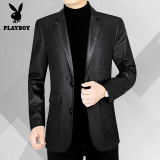 花花公子皮西服男海宁真皮皮衣PU皮中年男士休闲秋冬款西装外套 黑色5692 5692 185/2XL