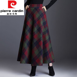 Pierre cardin woolen wool skirt women's plaid spring and autumn long skirt large swing skirt high waist slim a-line skirt umbrella skirt long woolen skirt green plaid