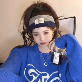 Merou fashionable personalized knitted wool headband women's baotou protective forehead warming headband sports headband two-piece set wide-brim contrasting color headband gray blue a1005c