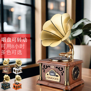 Jinmo retro phonograph mini vinyl record player bluetooth old antique flow sound machine solid wood phonograph s7 brown charging plug-in dual-purpose - rotating turntable to send music u disk