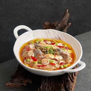 Chidu double-eared soup bowl, household creative stone pattern instant noodle bowl, japanese-style ceramic fruit salad bowl, high-looking noodle bowl, noodle bowl, 10.5-inch stone patterned double-eared bowl - white porcelain