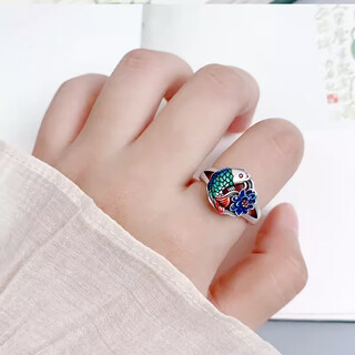 Fat donglai's same style enamel ring, silver transfer color burnt blue enamel koi lotus ring, ancient costume hanfu flag, burnt blue lotus year with fish ring + safety card, opening adjustable