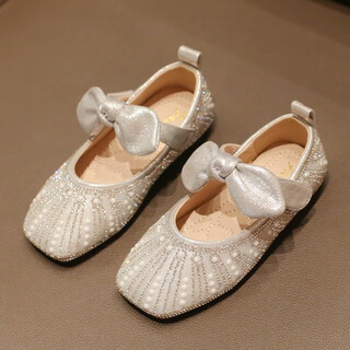 Muni girls princess shoes 2025 spring and summer performance crystal shoes dress leather shoes big children's single shoes girls silver children's soft sole silver size 32 inner length 19.9cm
