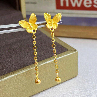 Yadige plated 18k gold light luxury gold colorful butterfly ear wire women's 2024 long tassel earrings new 999 pure gold ear butterfly