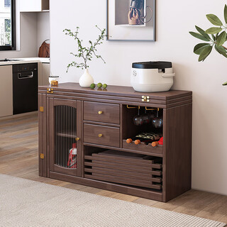 Solid wood folding dining table and sideboard integrated small household dining table retractable living room storage cabinet fully equipped 1.2m single sideboard (walnut color) self-installation