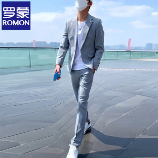 Romon high-end suit suit for men, business casual, versatile suit, two-piece suit, korean version, slim fit groom's wedding dress, light gray two-piece suit (suit + pants) 2xl recommendation 135jin jin is equal to 0.5kg -149jin jin is equal to 0.5kg