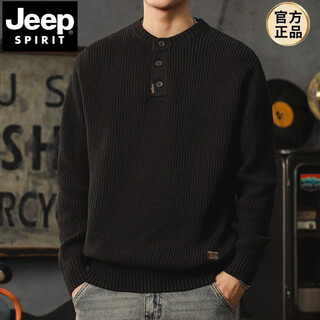 Jeep spirit american retro knitted sweater for men in autumn and winter thickened warm henley sweater lazy style vertical pullover bottoming shirt black s 90-110jin jin equals 0.5 kg