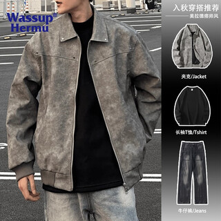Wassup hermu official jacket for men and women in autumn and winter maillard handsome motorcycle leather jacket high-quality american street casual leather jacket gray xl (recommended 130-150jin jin equals 0.5 kg)