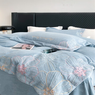 Mercury series light luxury new autumn and winter baby grade a milk velvet four-piece embroidered bed sheet quilt cover thickened warm bedding class a milk velvet blue 1.8m bed sheet style four-piece quilt cover 200x230cm