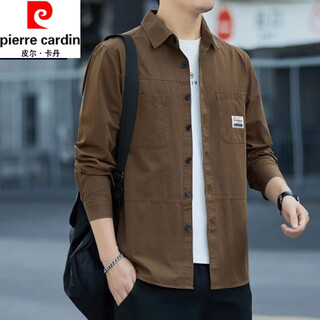 Pierre cardin 2025 pure cotton young and middle-aged men's shirt long-sleeved autumn work jacket loose casual trendy shirt brown long-sleeved 888 shirt xl recommended 135-155 jin jin equals 0.5 kg