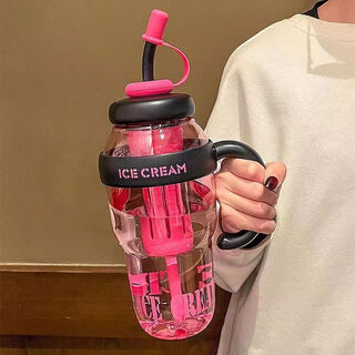 Straight cup, large-capacity water cup, portable summer high-profile ice cup with straw cup, high temperature resistant plastic cup, rose red, with tea bin + dust cap 1300ml
