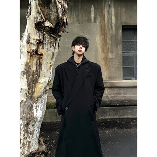 Oemg shoulder-padded woolen coat for men in autumn and winter thickened trendy brand british style knee-length korean style lazy windbreaker jacket black xl recommended 125-145jin jin equals 0.5 kg