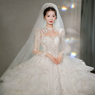 Red makeup wedding dress bride 2025 new long-sleeved heavy industry ceremony yarn korean style fugitive princess welcome yarn main yarn off-white floor-length style s