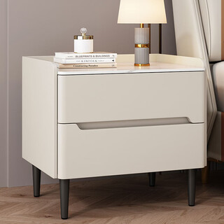 All solid wood bedside table light luxury slate storage cabinet bedroom simple modern bedside table leather small apartment storage cabinet off-white (all solid wood frame + slate) 50*40*50cm