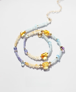 Li shen's original design of natural amber, amethyst, aquamarine, tanzanite, american 14k gold choker beaded necklace, a customized adjustable necklace