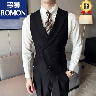 Romon suit, vest, men's wedding, groom's wedding, groomsmen's group, double-breasted, slim, business, professional, lapel collar, vest, black (vest), bow tie xl
