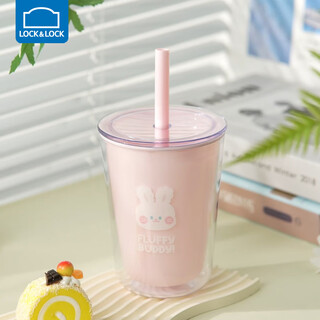 Lock&lock thick straw cup milk tea cup plastic cup student water cup women's men's juice cup pink 720ml