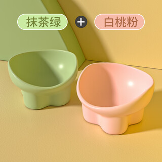 Qi oh cat bowl ceramic cat food bowl dog bowl food bowl cat rice bowl large diameter water bowl slant bowl anti-tip bowl pet supplies double bowl matcha green + white peach powder