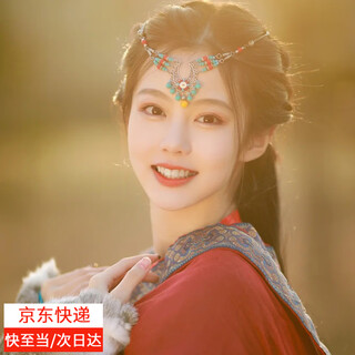 Qbily ethnic style headwear for women, forehead chain necklace, earrings, yunnan travel eyebrow pendant, hair accessories, tibetan hanfu accessories, headdress, blue stone pendant (forehead chain + earrings) ear hook style