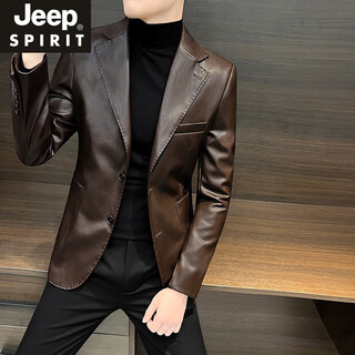 Jeep spirit men's handsome suit jacket autumn 2025 new high-end men's leather jacket single suit casual leather suit men's brown m recommended 120jin jin is equal to within 0.5 kg