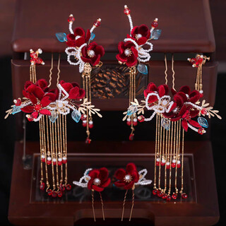 Shengli chinese style bridal ancient costume hair accessories headdress wedding xiuhe suit burgundy velvet flowers fresh classical wedding accessories hair accessories set