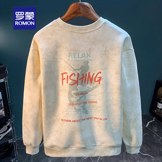 Romon sweatshirt autumn and winter american men's 2025 new trendy velvet t-shirt long-sleeved tops round neck printed retro men's clothing apricot m 130-150jin jin equals 0.5 kg wear