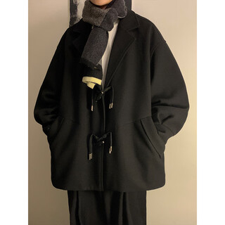 Huatian mu horn button short woolen coat men's winter cotton thickened warm suit collar woolen jacket black l recommendation -110-125jin jin equals 0.5kg can be worn