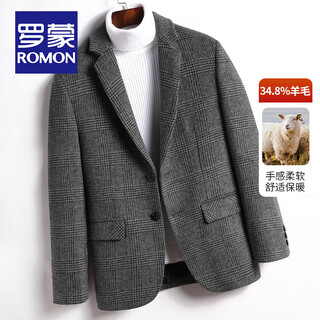 Romon woolen suit men's spring and autumn double-sided woolen houndstooth plaid jacket men's business casual single-tailored woolen suit men dark gray 170/m size