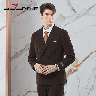 Qipai double-breasted suit suit for men in autumn and winter new yarn-dyed striped business suit groom wedding dress suit khaki b54
