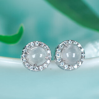 Loria natural jade a grade silver inlaid exquisite versatile ice transparent jade egg-shaped earrings ice white
