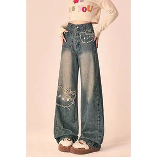 Zhouyou plus size women's retro embroidered denim trousers spring fat mm loose slim straight wide leg pants high waist floor mopping pants retro cat embroidery trousers 3xl