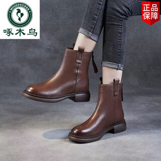 Woodpecker brand genuine leather short boots for women 2025 new autumn single boots mid-heeled winter plus velvet first layer cowhide martin boots for women brown plus velvet 36